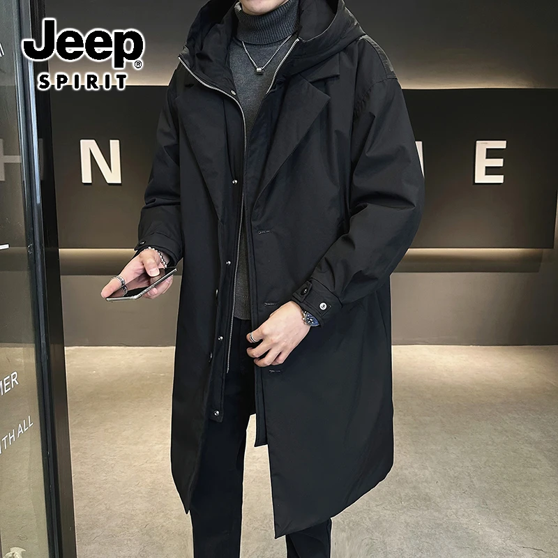 JEEPSPIRIT吉普假两件羽绒服男士中长款冬季加厚保暖风衣外套长款