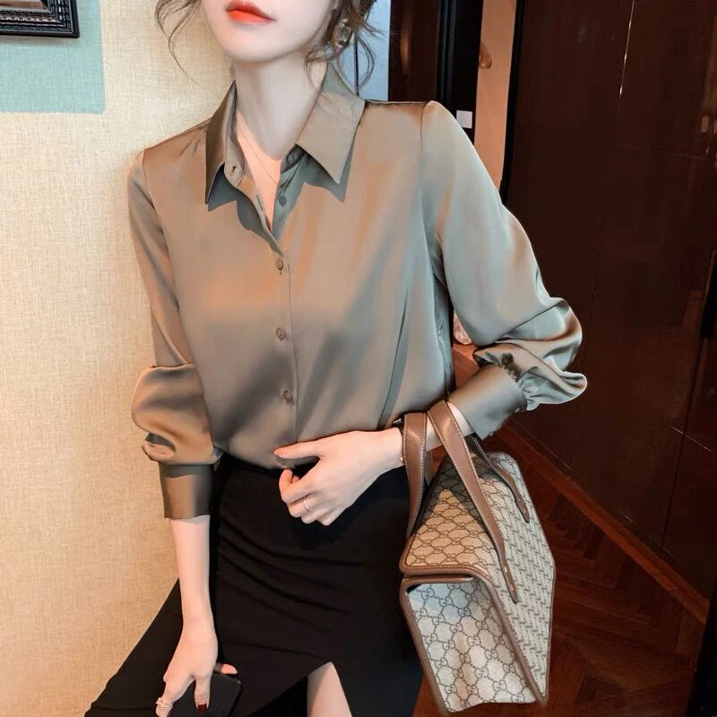 新款百搭显瘦衬衫女2024春秋缎面亲肤纯色外穿气质白色长袖衬衣女
