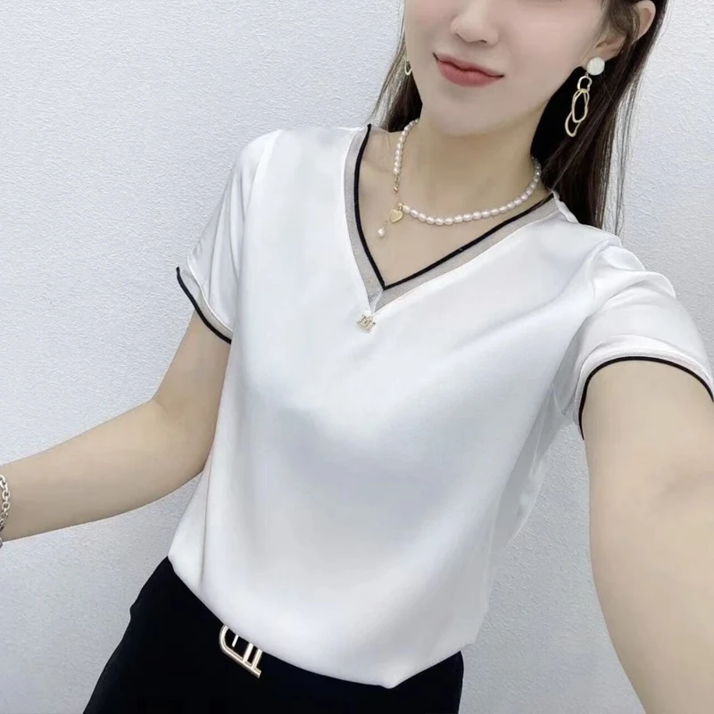 9012新款显瘦气质洋气时尚打底小衫拼接女士夏季纯色V领短袖T恤女