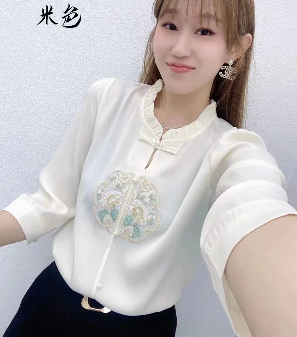 新中式国风设计款衬衫女百搭显瘦洋气荷叶边宽松外穿女士七分袖