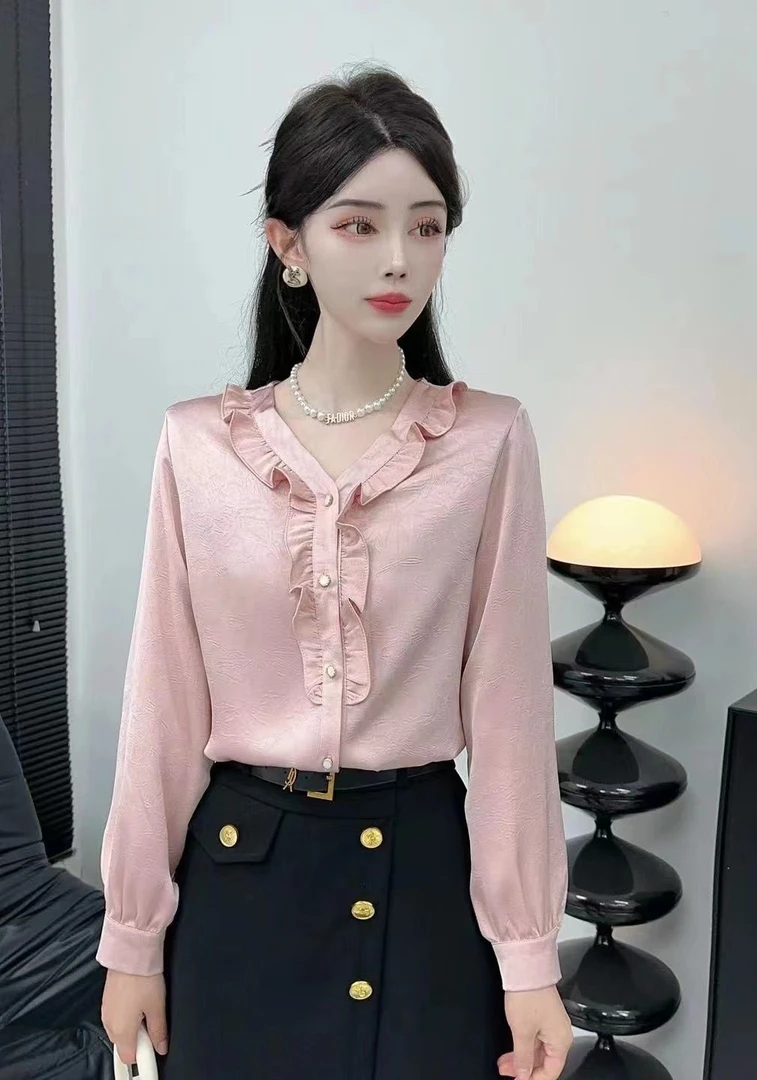 808新2024荷叶边V领衬衣设计感时尚气质百搭上衣长袖女衬衫复古