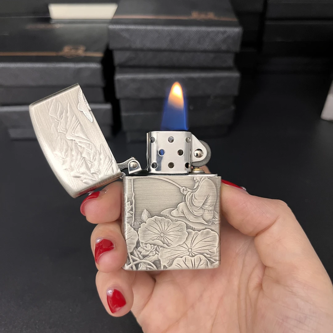 ZORRO佐罗浮雕真古银拉丝姜太公钓鱼防风煤油创意打火机男士复古