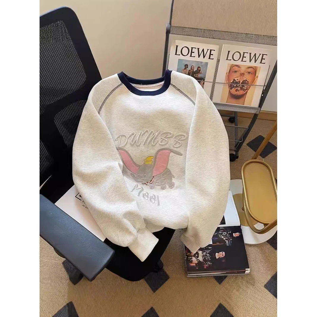 广州十三行高货!刺绣小象圆领卫衣女秋季超好看宽松洋气拼接上衣