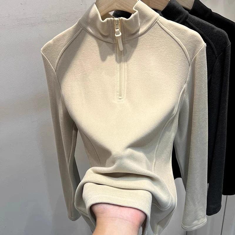 韩系感满满的！新款双面磨毛软糯德绒立领长袖女拉链内搭打底衫潮