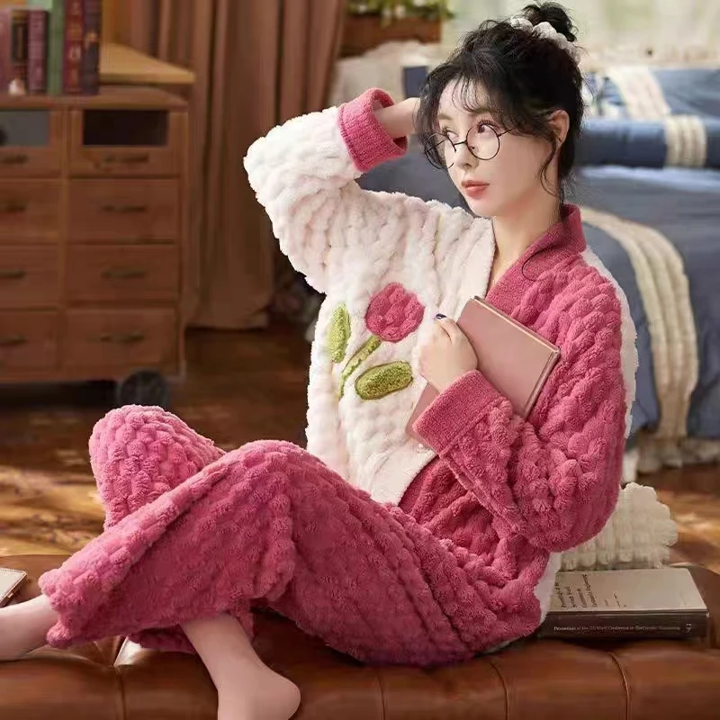 【23冬季新款】女士宽松加绒睡衣保暖长袖家居服套装甜美韩版秋冬季