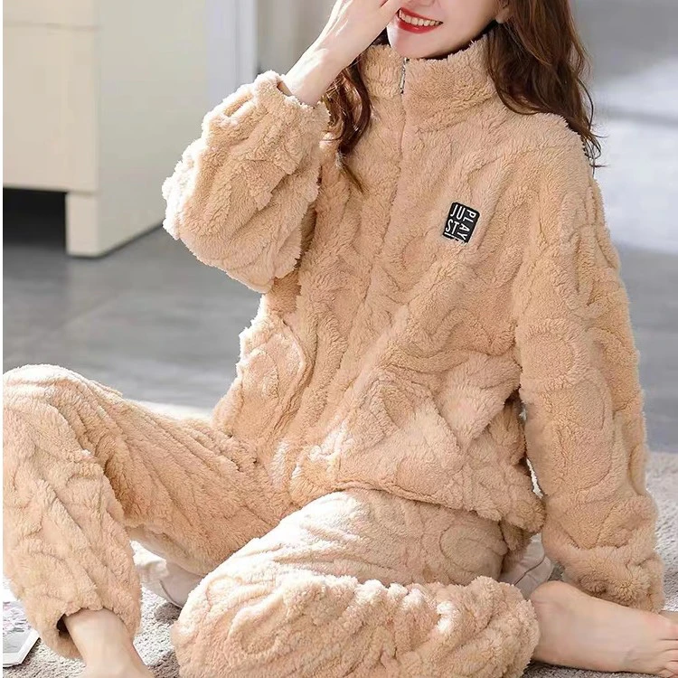 女士宽松甜美韩版秋冬季加绒睡衣保暖长袖家居服套装