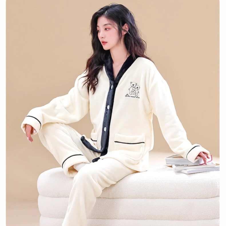 女士保暖长袖家居服套装宽松甜美韩版秋冬季加绒睡衣