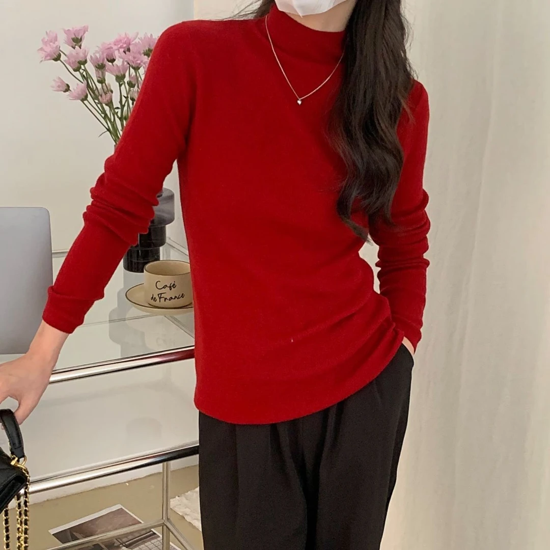 濮天女装羊毛衫高智高领长袖针织2219美莉诺精纺中国红羊毛衫