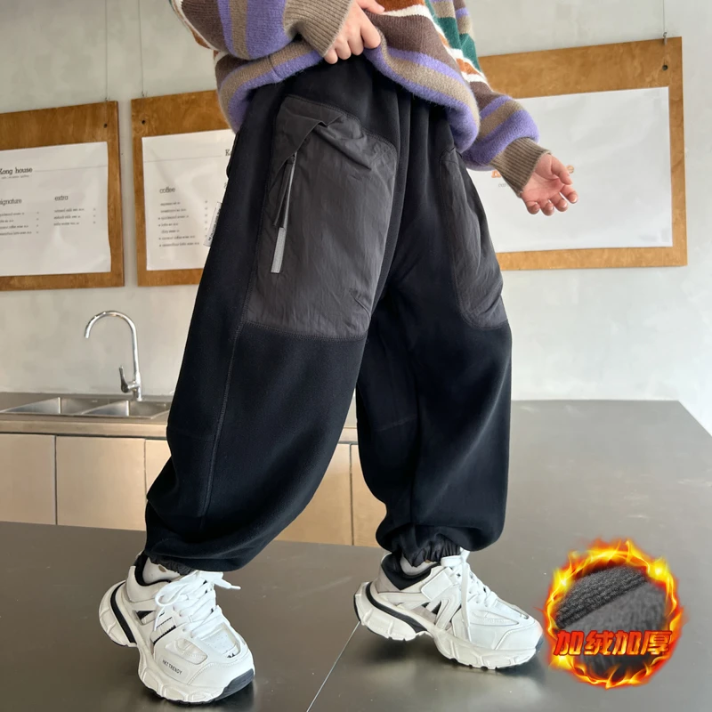 男童加绒裤子秋冬款2025新款中大童一体绒运动裤儿童保暖棉裤痞帅
