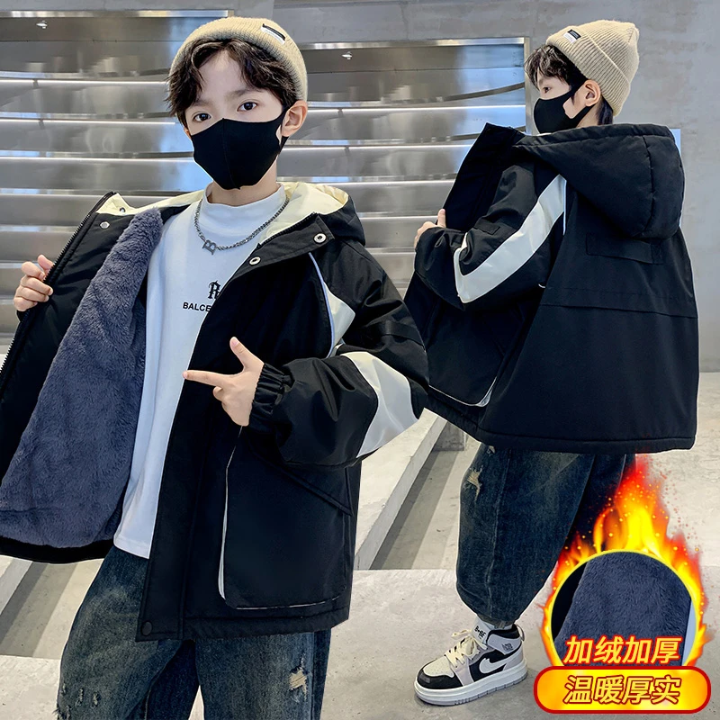 男童加绒派克服外套秋冬装2025新款中大儿童冬季时髦加厚风衣棉衣