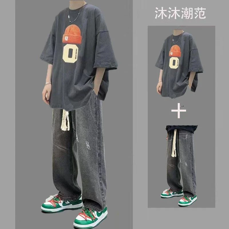短袖帅气男生休闲套装夏季t恤宽松潮流一套搭配牛仔裤男装两件套