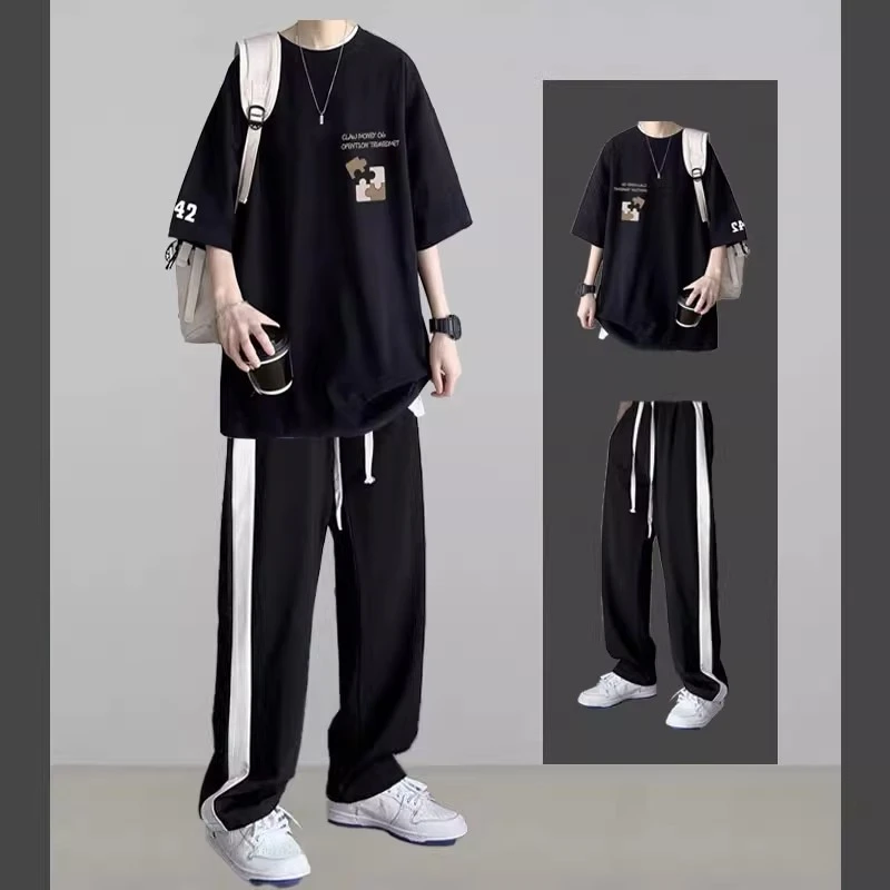 夏季短袖t恤休闲运动衣服2024新款男生套装宽松男装搭配学生百搭