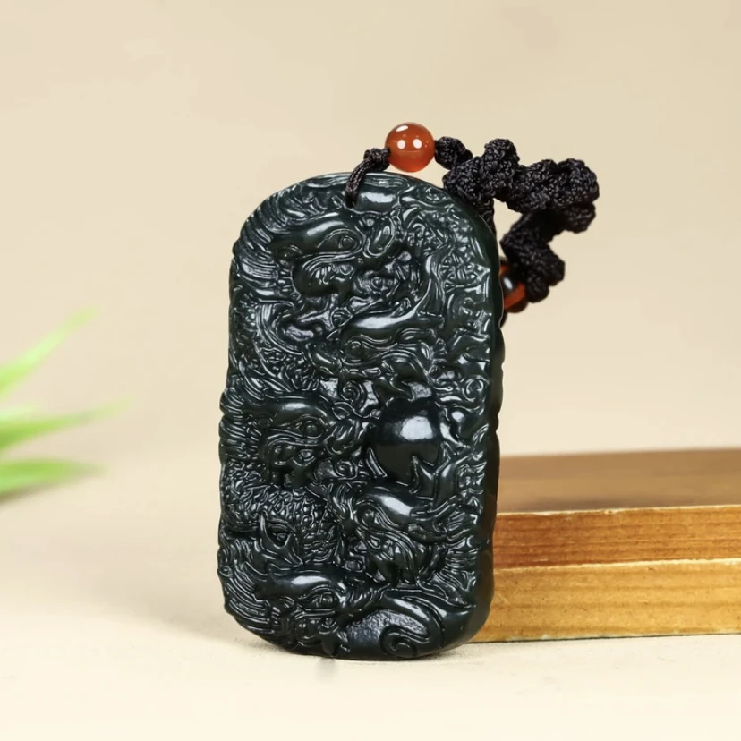 天然和田玉双面九龙护主吊坠男生肖龙玉牌青玉龙牌玉石吊坠带项链