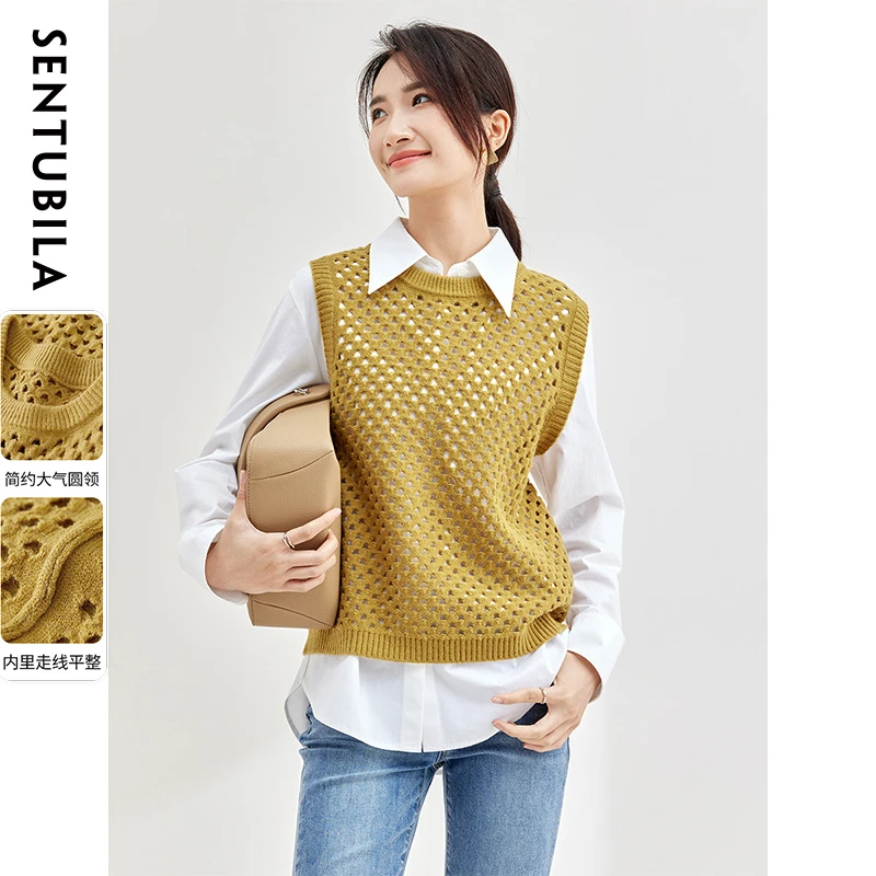 优雅叠穿马甲圆领镂空元素简约套头毛织衫51895