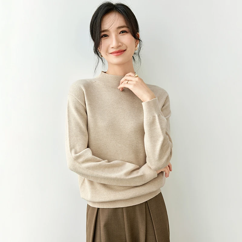 气质优雅简约半高领微毛绒感厚实包芯纱适落肩针织衫56576