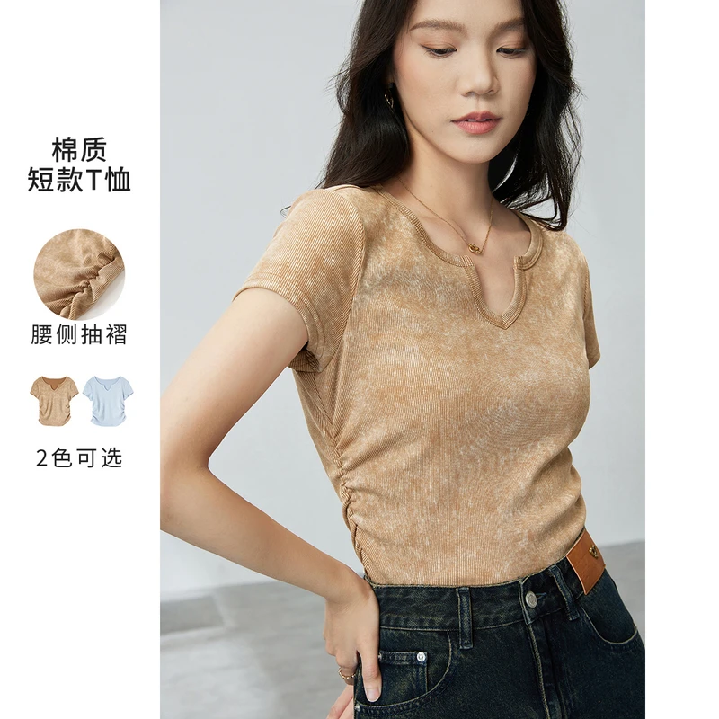 简约休闲设计感腰侧抽褶短袖V领针织修身短款软糯棉质T恤54089