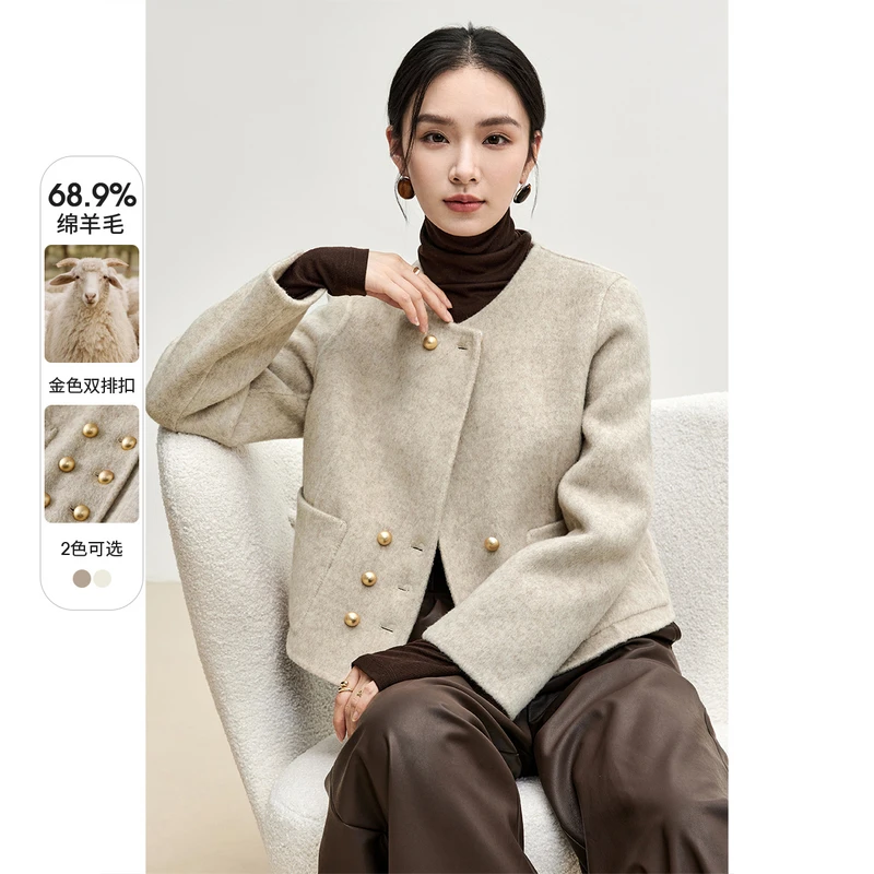 高原软黄金绵羊毛短款廓型感双排扣双面呢外套56625