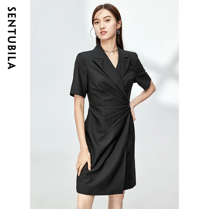 复古优雅女神范西装领收腰连衣裙50378