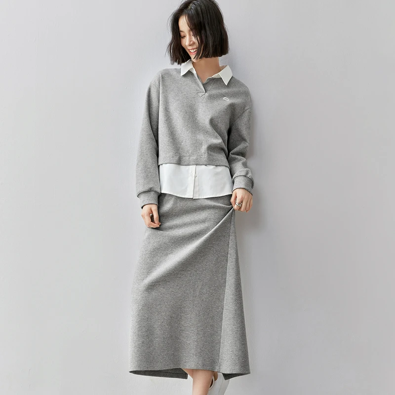 舒适休闲衬衫领绣花上衣橡筋腰垂感一步裙时尚棉质套装55892