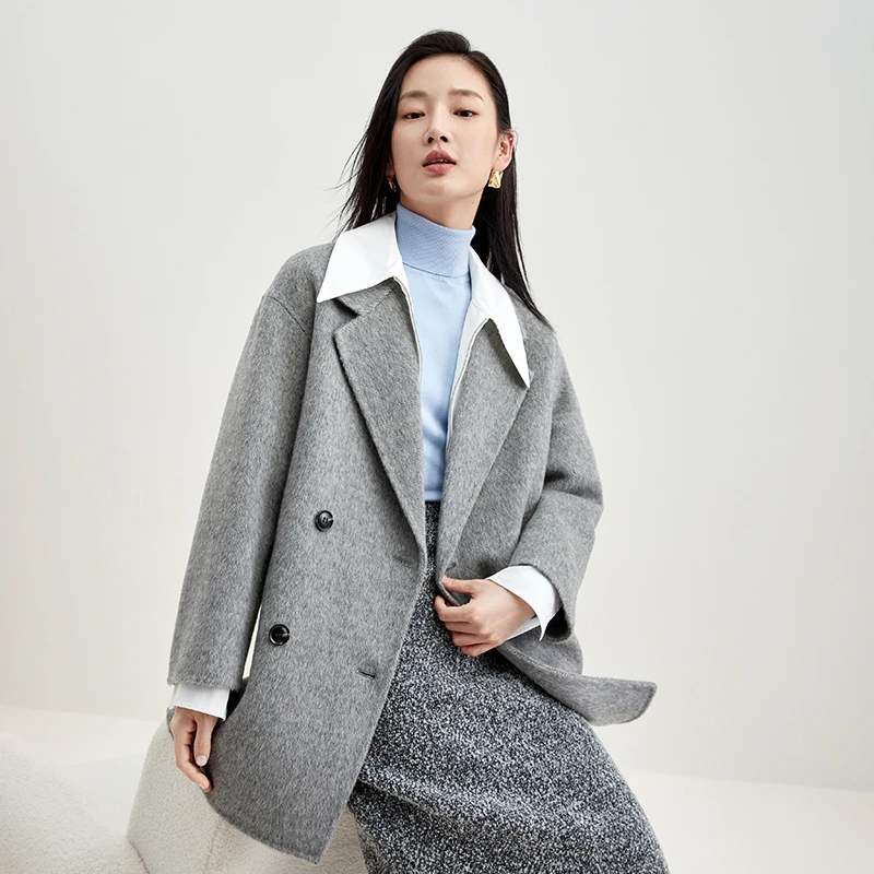 简约大气西装领落肩袖双排扣含羊驼毛双面呢大衣58452X