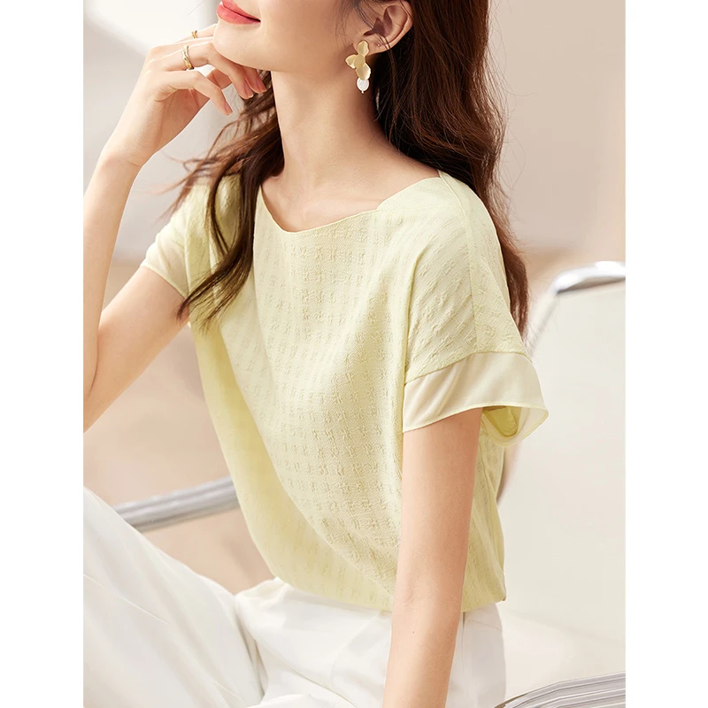 休闲时尚气质拼接圆领雪纺衫47723