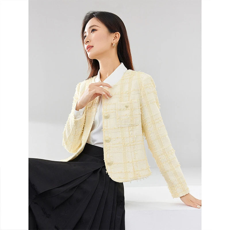 气质通勤圆领单排扣设计感真口袋小香风外套52956