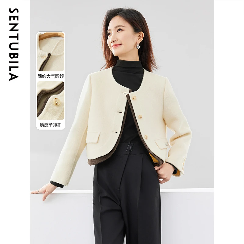 气质通勤圆领单排扣双贴袋撞色双面呢外套52895