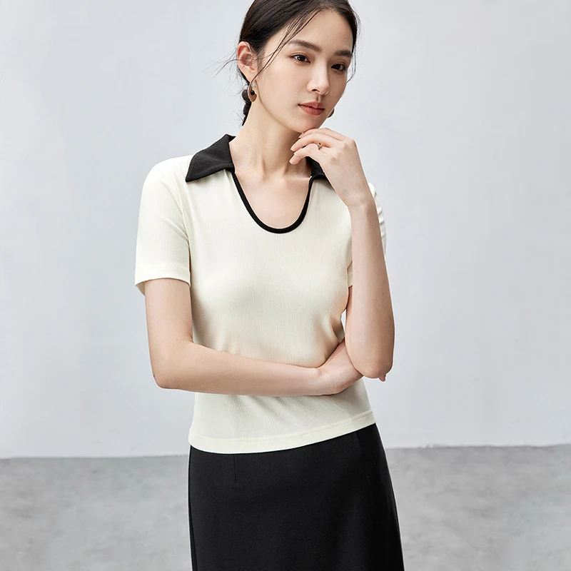 抗菌设计感撞色U型POLO领柔软针织透气短袖毛织衫55096