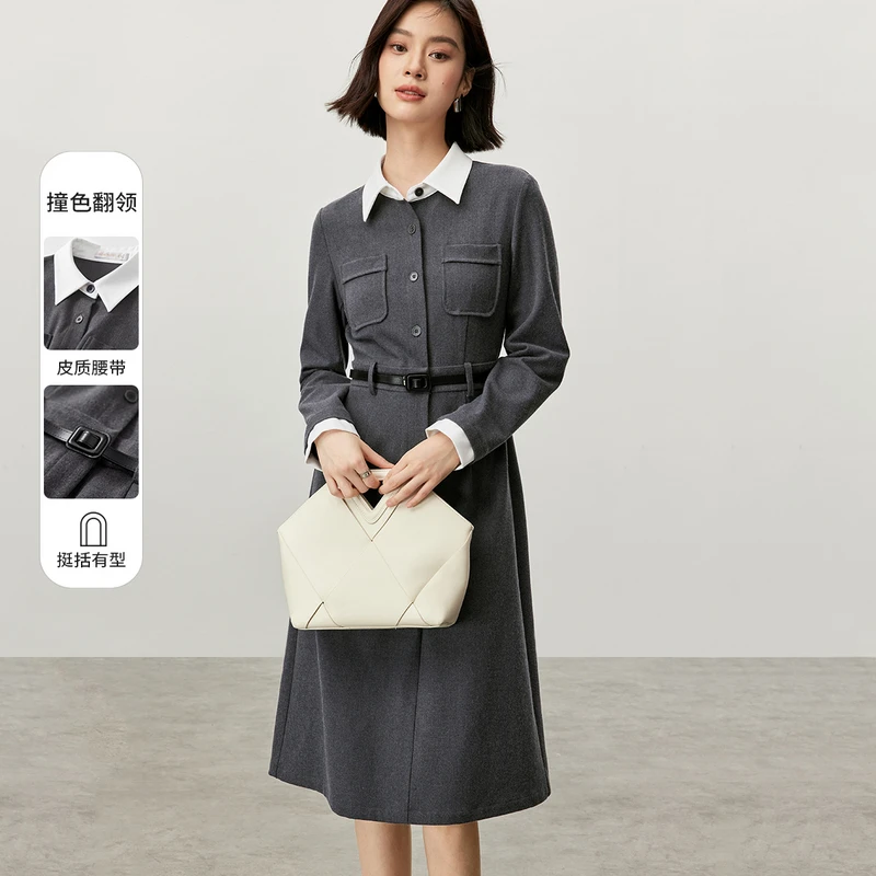 白领时尚优雅随搭可拆卸腰带解构线条撞色翻领长袖连衣裙57047