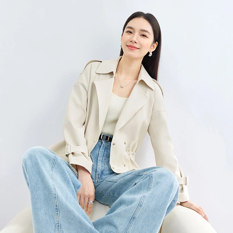 设计短款翻领落肩长袖抽绳松紧收腰显瘦小个子风衣52947