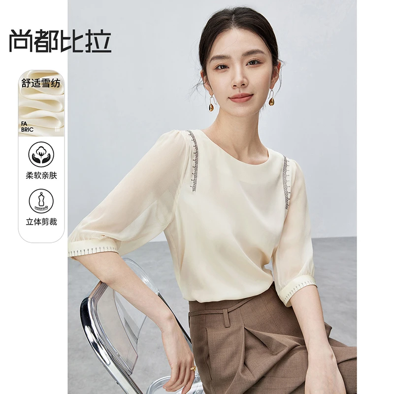 夏季新款舒适气质圆领五分袖雪纺衫55557