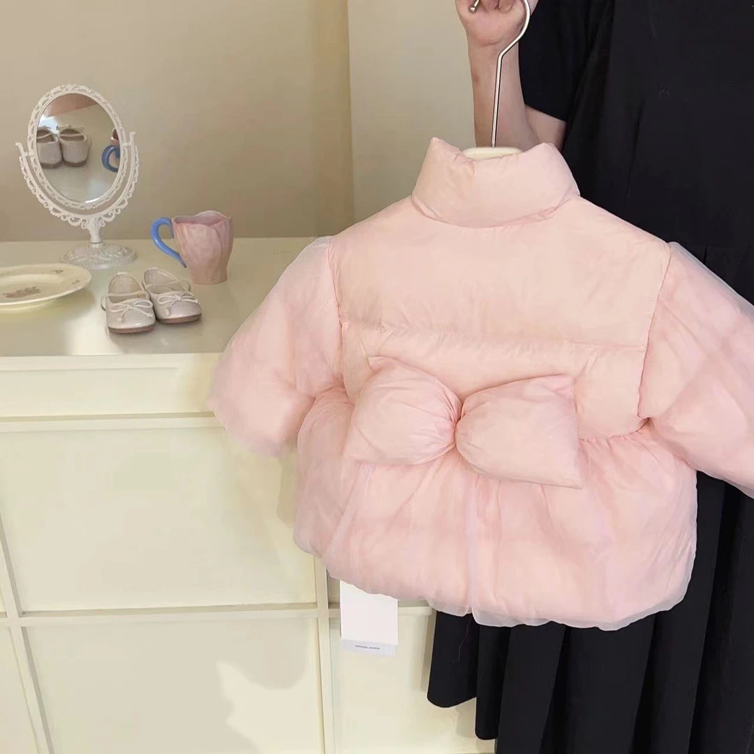 女童公主秋冬网纱羽丝服蝴蝶结中小童宝宝洋气加厚保暖白绒丝外套