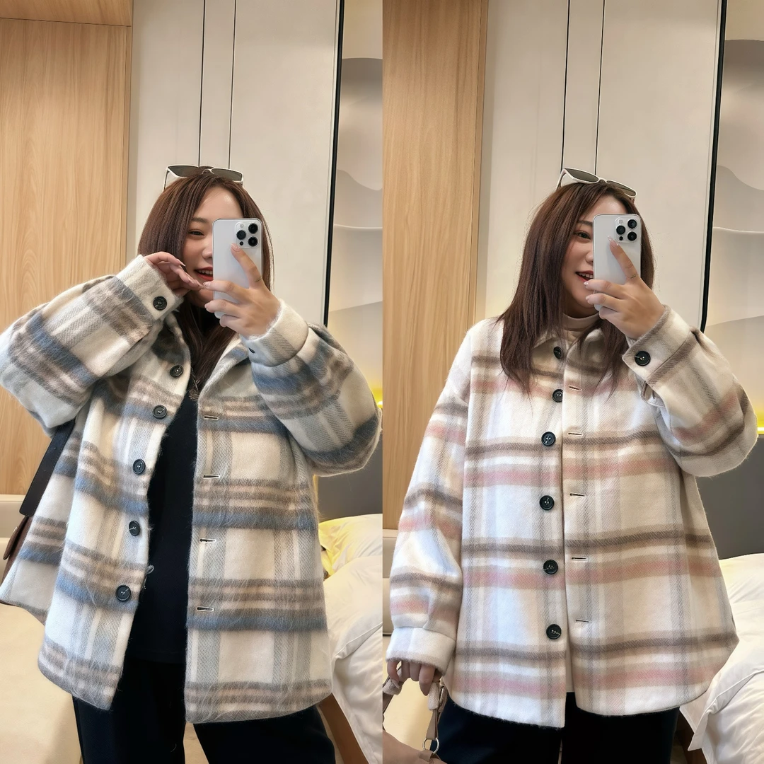断码捡漏~树莓可颂 / 慵懒风毛呢格子外套11578花契200斤胖mm秋冬