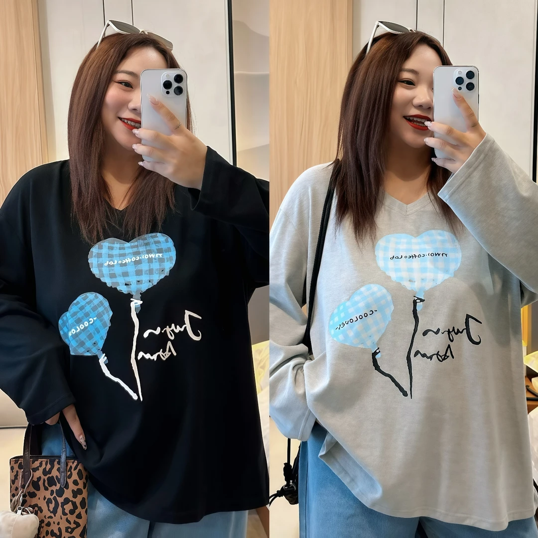 断码捡漏~美高学姐 / 甜酷风V领长袖T恤11957花契200斤胖mm冬季