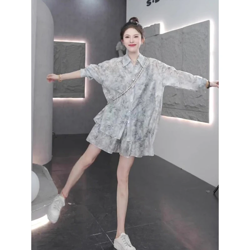 夏季时尚显瘦穿搭一整套韩系水墨衬衫上衣宽松休闲短裤扎染两件套