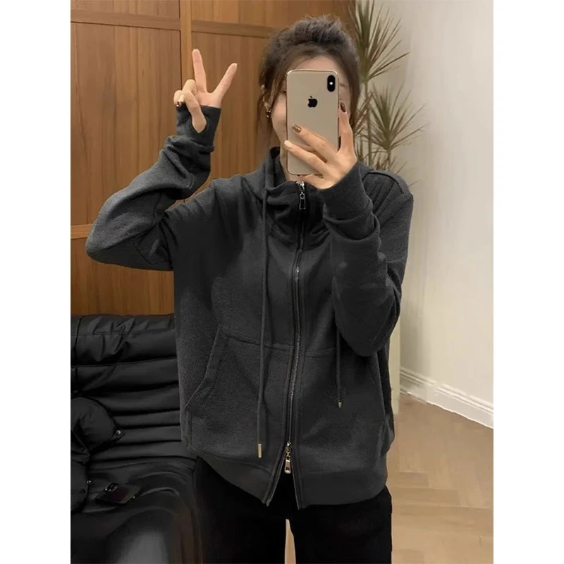 灰色复古气质双拉链连帽卫衣外套女2024年新款慵懒风长袖初秋上衣