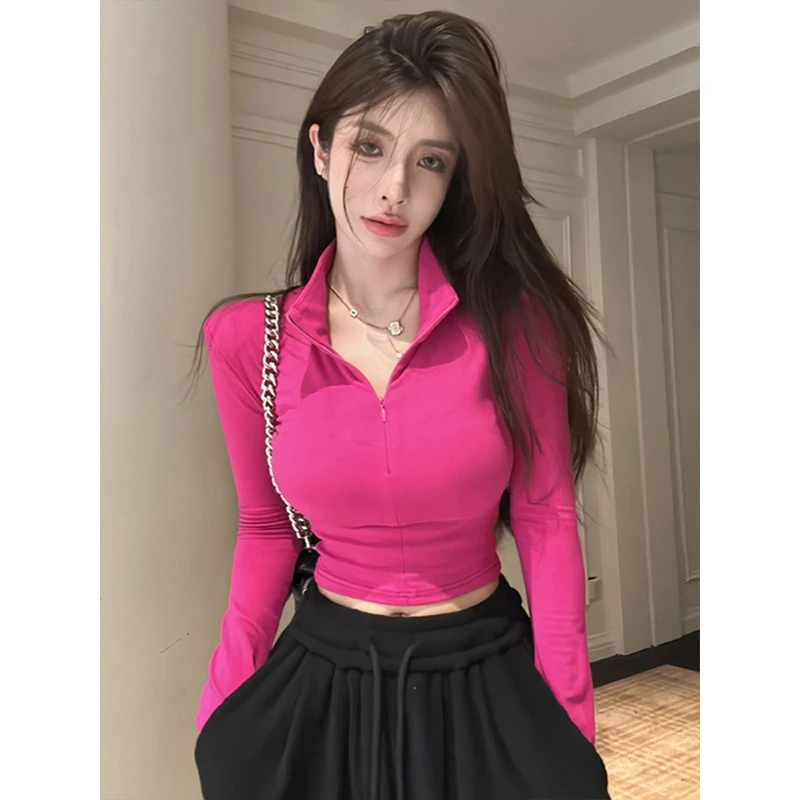 纯欲辣妹玫红色polo领短款上衣女春季新款甜辣妹紧身显瘦长袖T恤