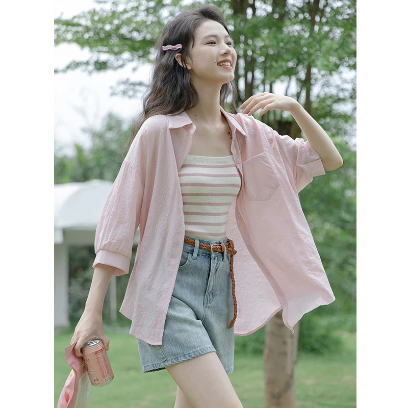 小清新粉色防晒衬衫外套女夏季2025新款小个子宽松百搭五分袖上衣