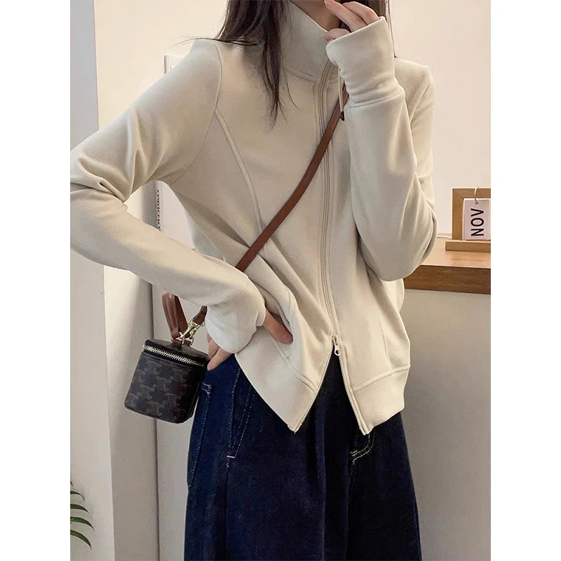 欧货韩版双拉链德绒立领卫衣女2025春季新品显瘦弹力简约打底开衫
