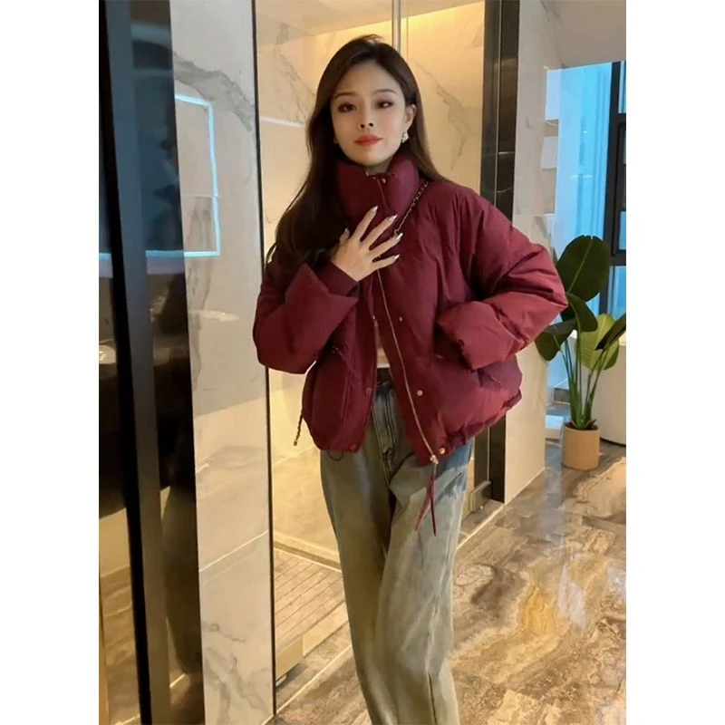 酒红色高级感棉服女2025年冬新款小个子宽松加厚面包服短款外套