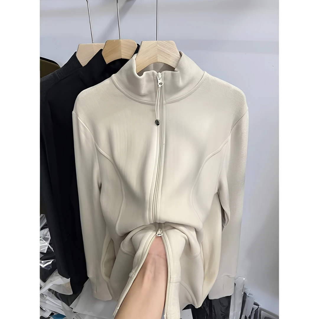 修身显瘦韩版半高领双面德绒开衫卫衣外套女2025春季薄款纯色长袖