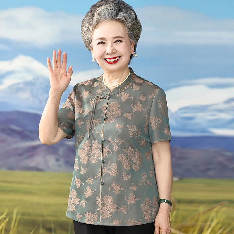 中老年妈妈夏季短袖新中式时尚奶奶中国风衬衫老太太宽松衣服开衫