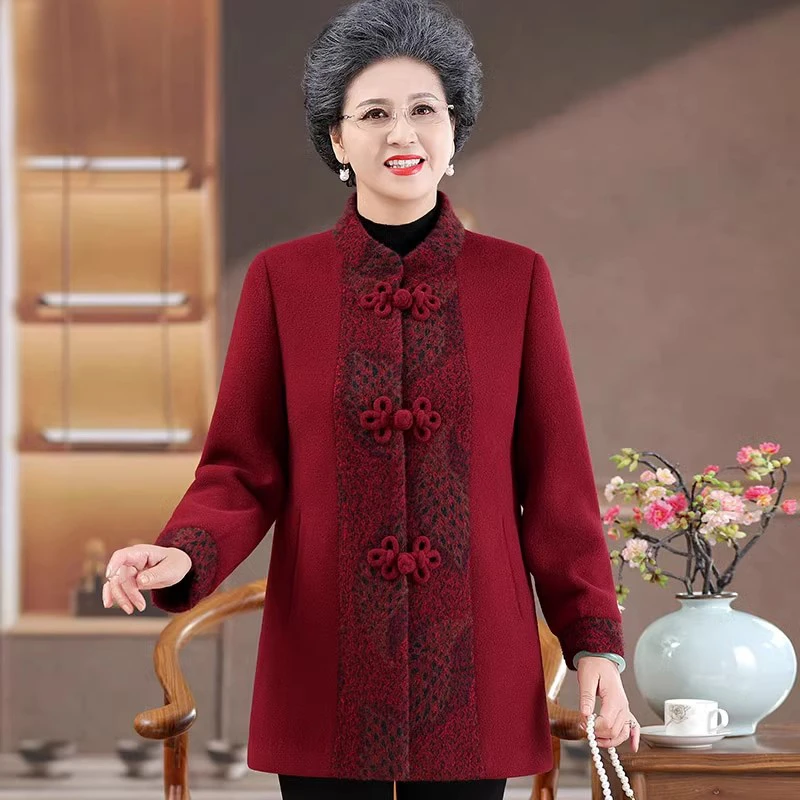 老年人妈妈秋冬唐装外套60岁70老太太喜庆婚宴装奶奶呢子大衣