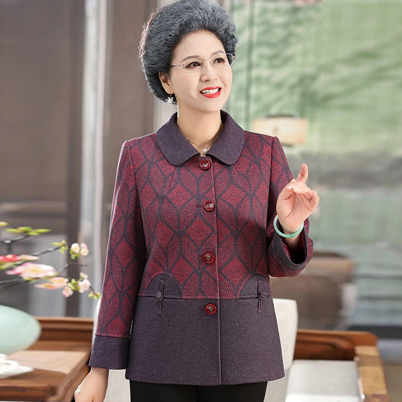 奶奶秋装呢子唐装外套中老年妈妈春秋翻领毛呢开衫短款上衣老太太