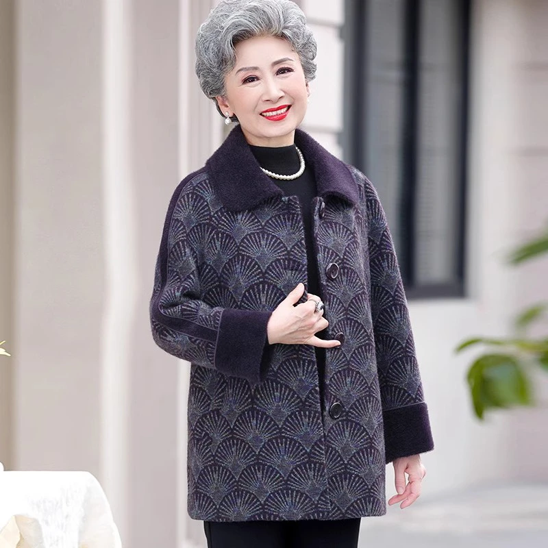 奶奶秋装仿水貂绒大衣中老年人妈妈秋冬加厚外套2024新款婆婆衣服