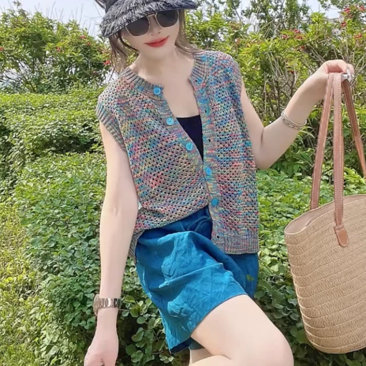 彩色镂空无袖针织衫女2024夏季新款时尚宽松无袖上衣马夹圆领马甲