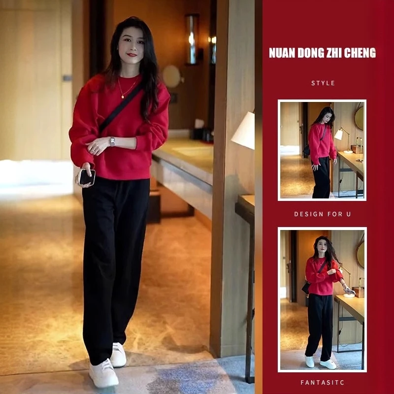 秋装搭配一整套时尚圆领套头卫衣高腰阔腿休闲运动裤洋气减龄套装