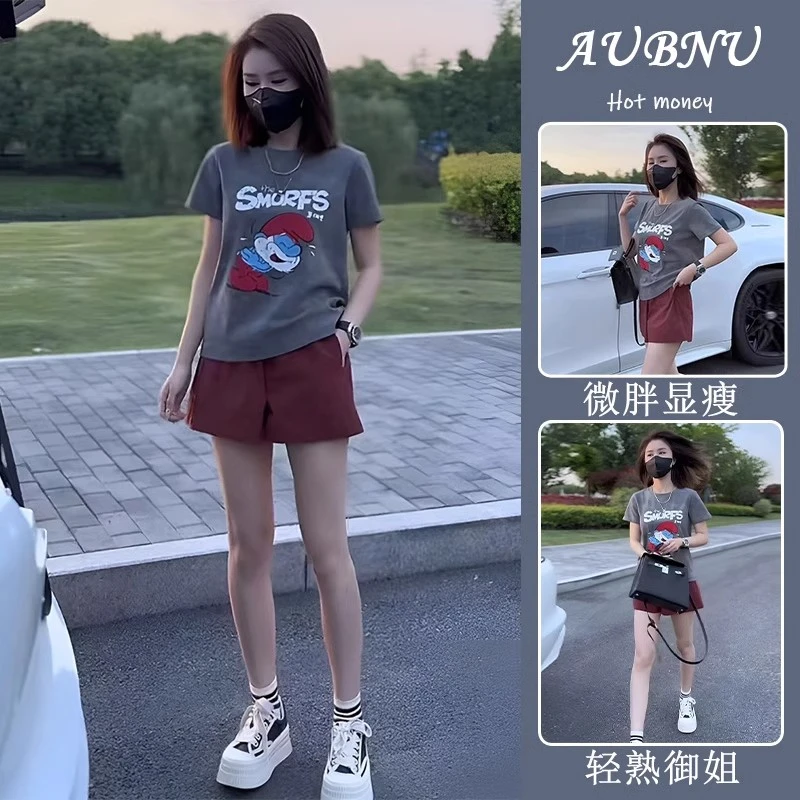 今年流行夏季显瘦减龄时髦套装女洋气干练气质T恤+短裤两件套女