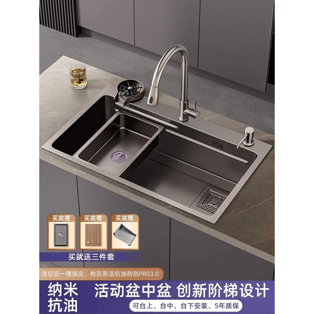 九牧适用纳米枪灰色厨房水槽大单槽304不锈钢洗菜盆加厚台下洗菜