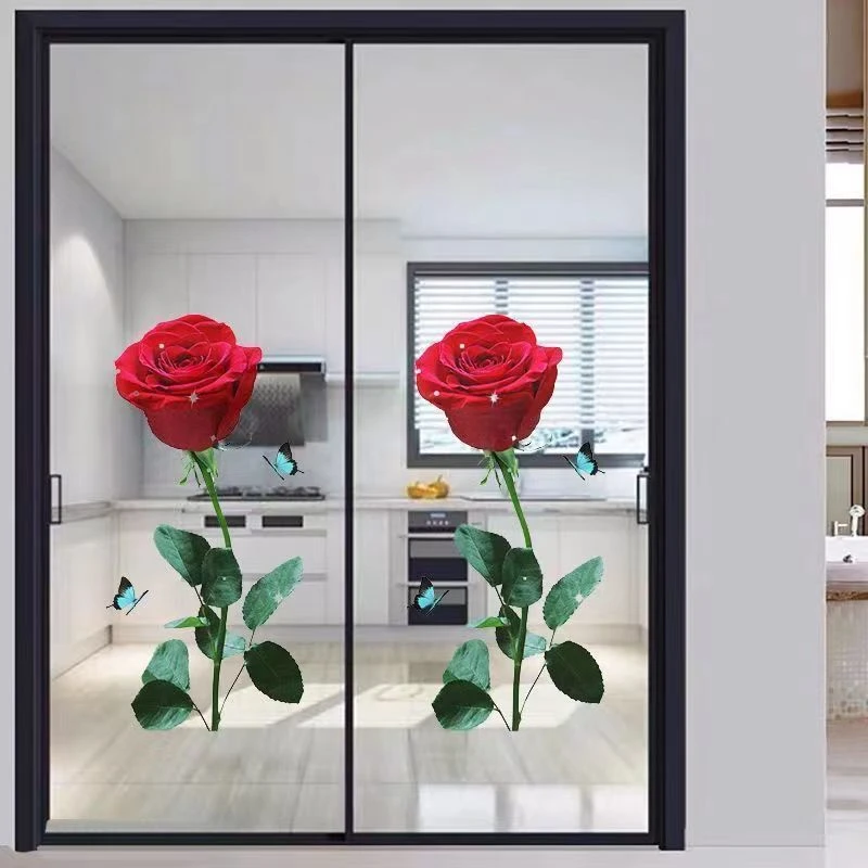 厨房客厅推拉门玻璃贴纸3d立体仿真墙贴玫瑰花自粘玻璃贴玻璃贴花